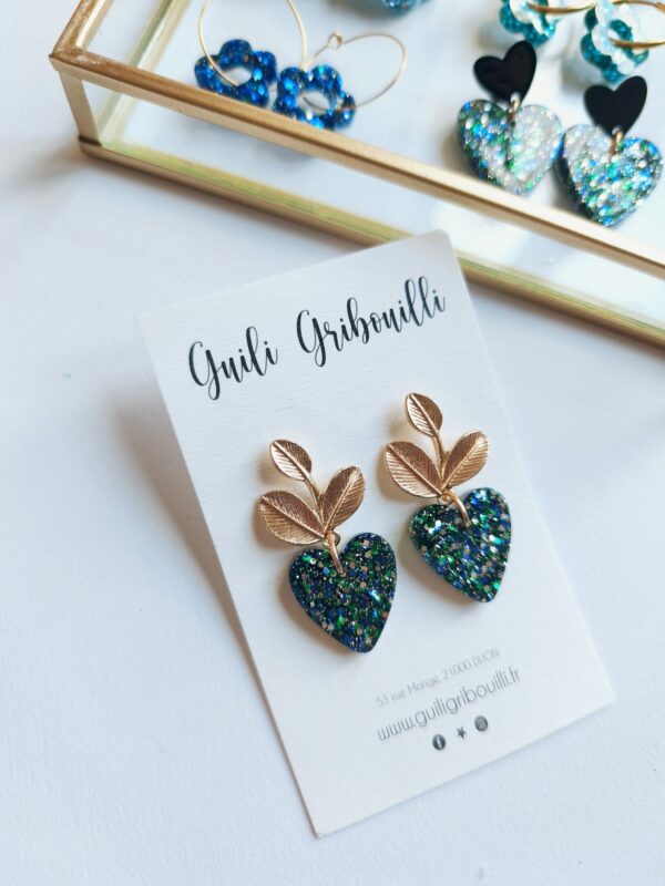 Boucle d'oreilles coeur vert feuille