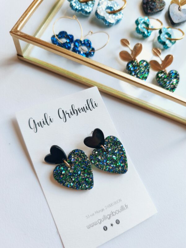 Boucle d'oreilles coeur vert/noir