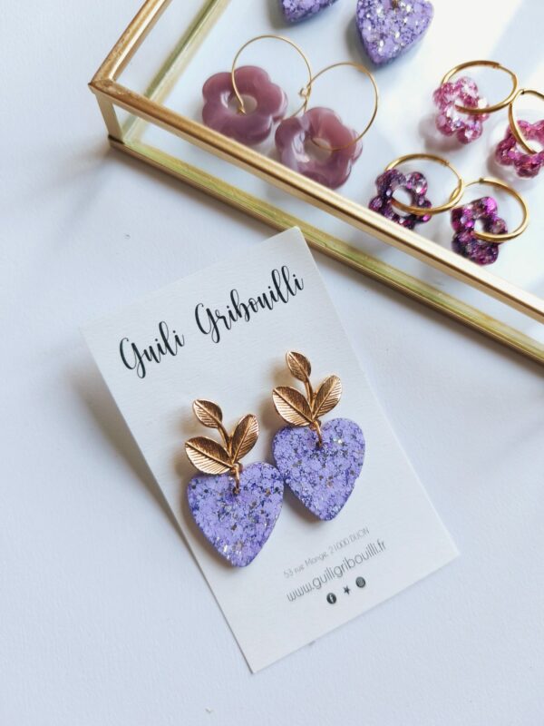 Boucle d'oreilles coeur lilas feuille