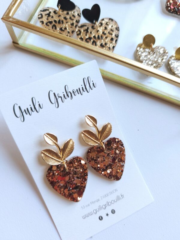 Boucle d'oreilles coeur terracotta feuilles